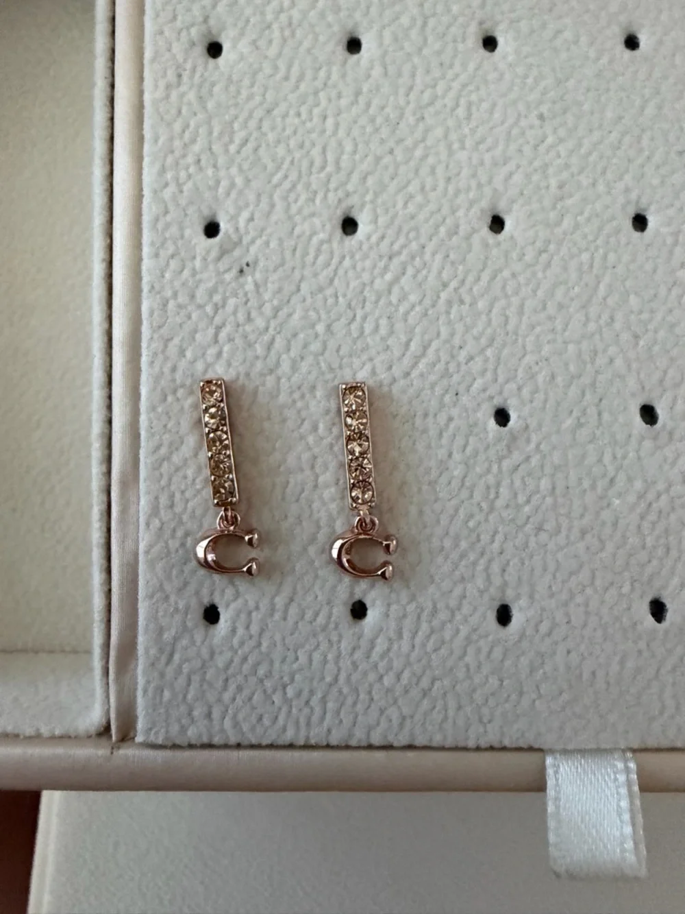 Coach Rose Gold Crystal Bar Drop Earrings with C Charm - Picture 2 of 2